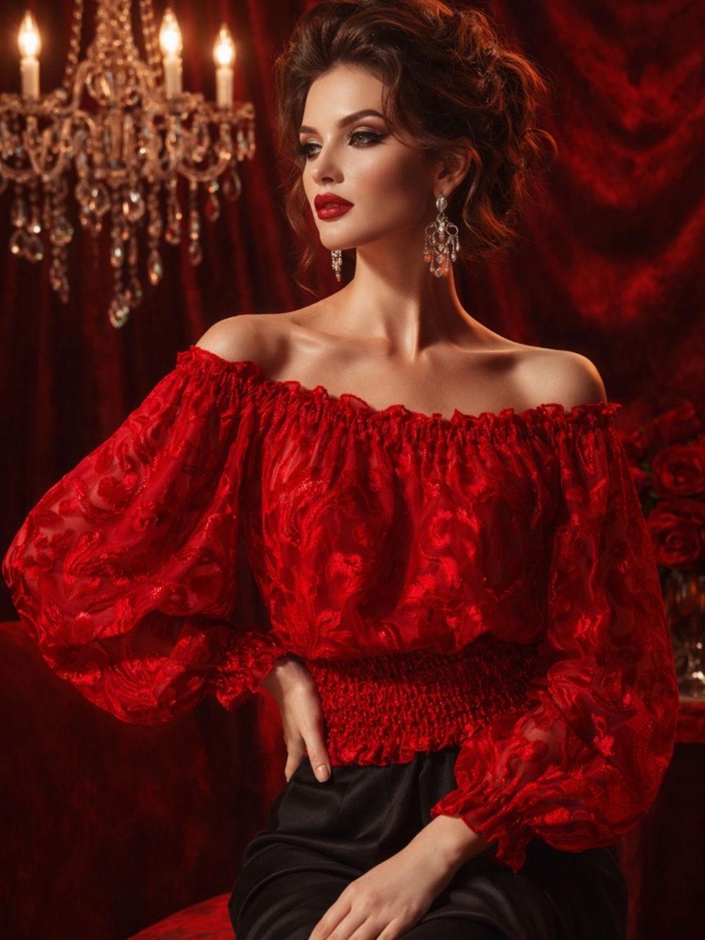 Vintage 80s Ivonne De La Vega Red Silk Burnout Off Shoulder Blouse